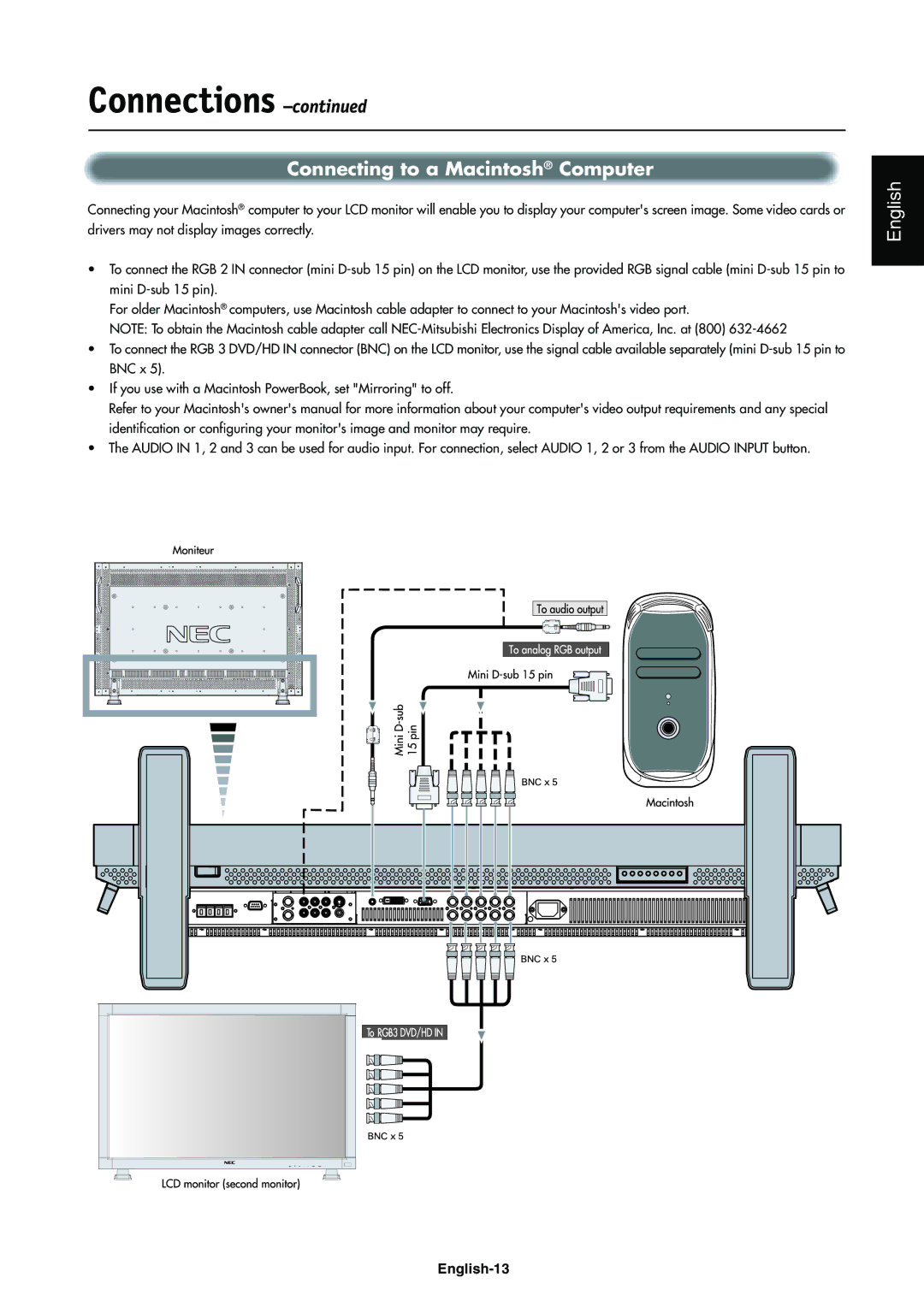 NEC LCD4000e manual Connecting to a Macintosh Computer 