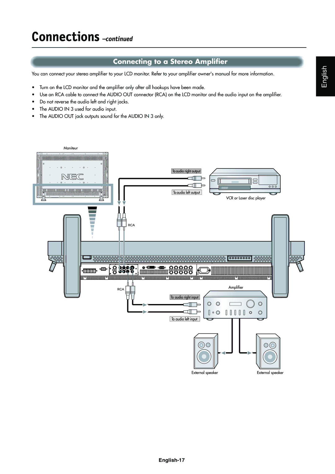 NEC LCD4000e manual Connecting to a Stereo Amplifier 