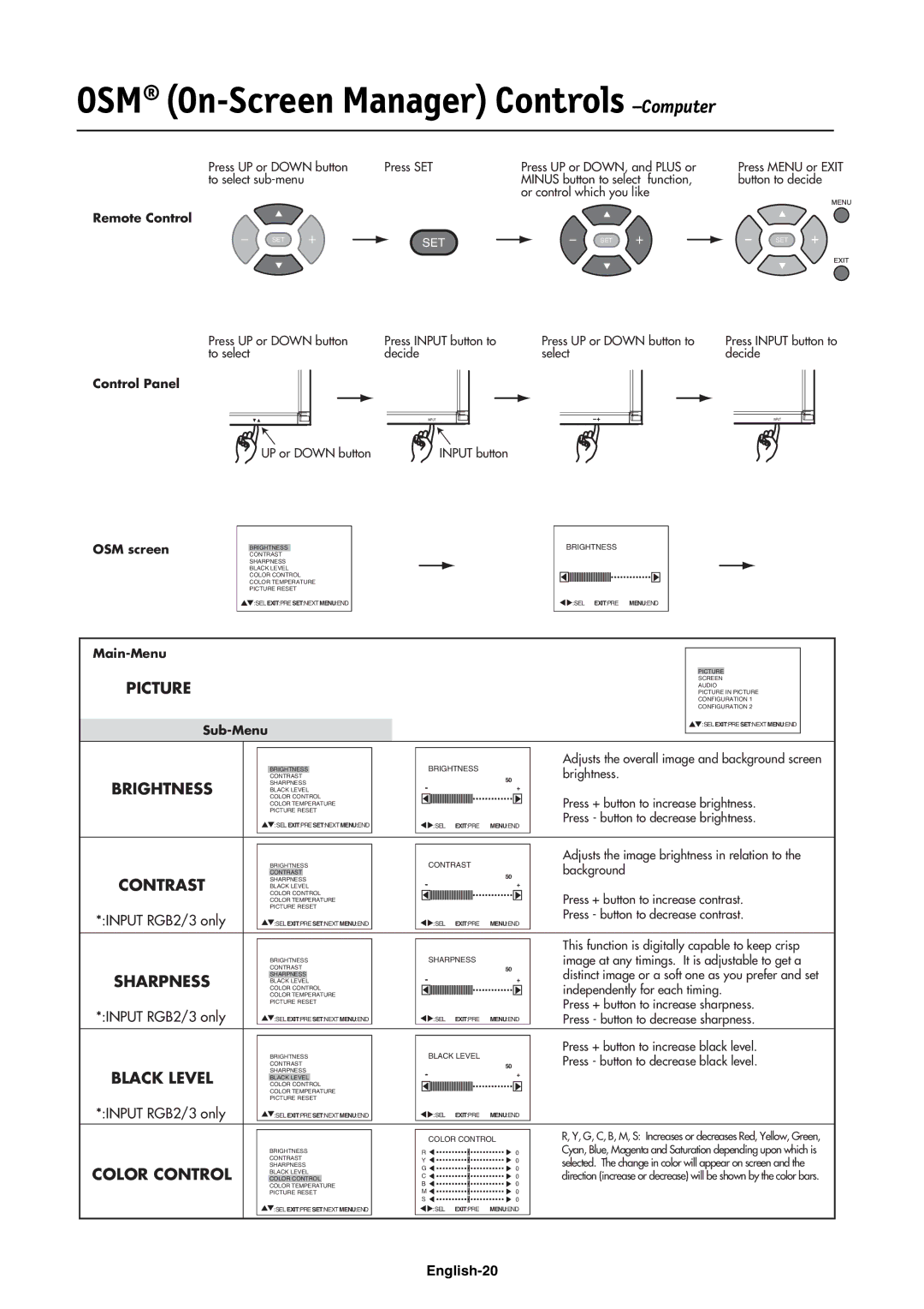 NEC LCD4000e manual OSM On-Screen Manager Controls -Computer 