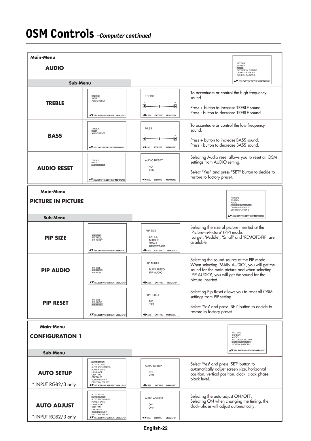 NEC LCD4000e manual Bass, Audio Reset, Picture in Picture, PIP Size, PIP Audio, Configuration, Auto Setup, Auto Adjust 