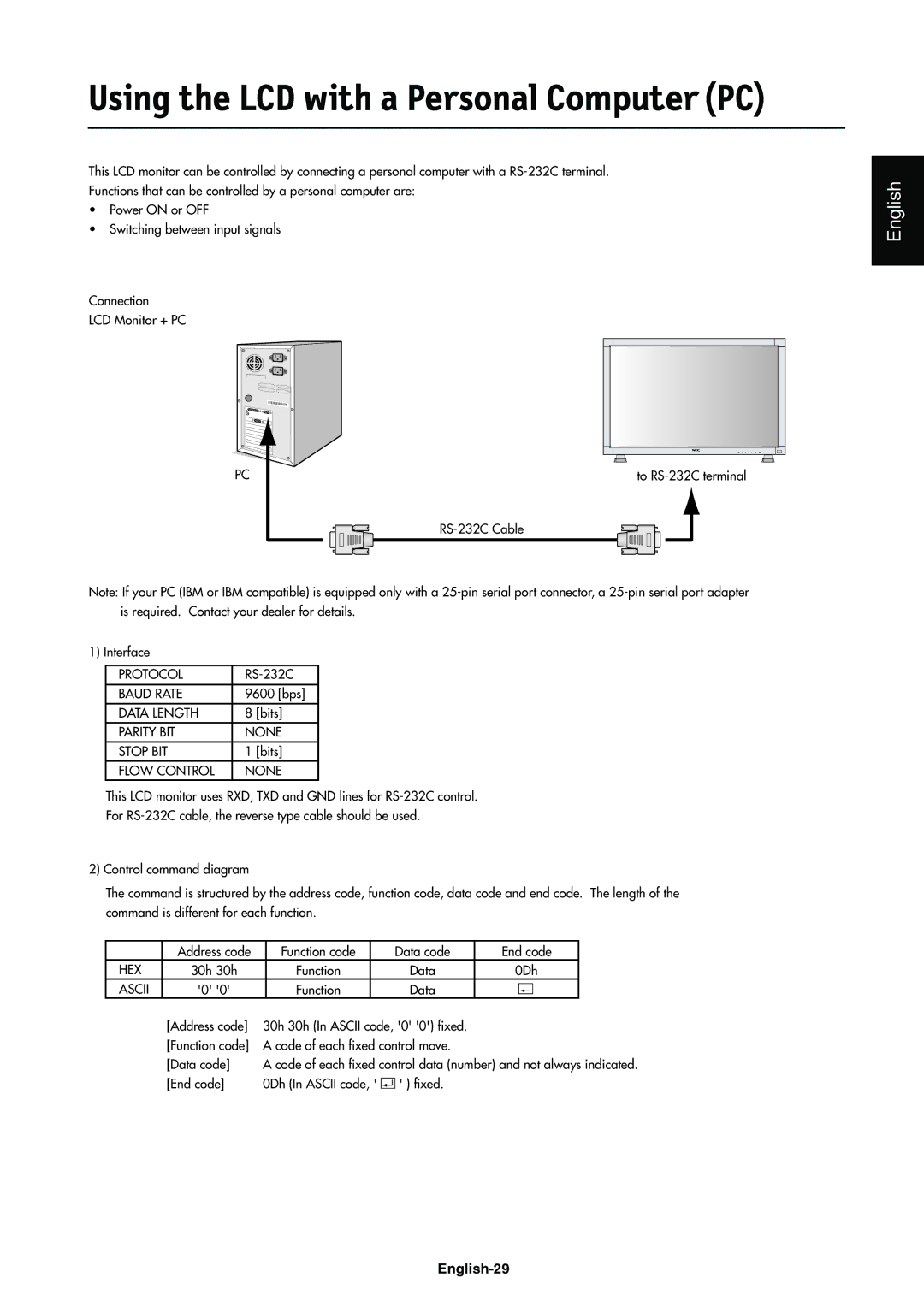 NEC LCD4000e manual Using the LCD with a Personal ComputerPC, Flow Control None 