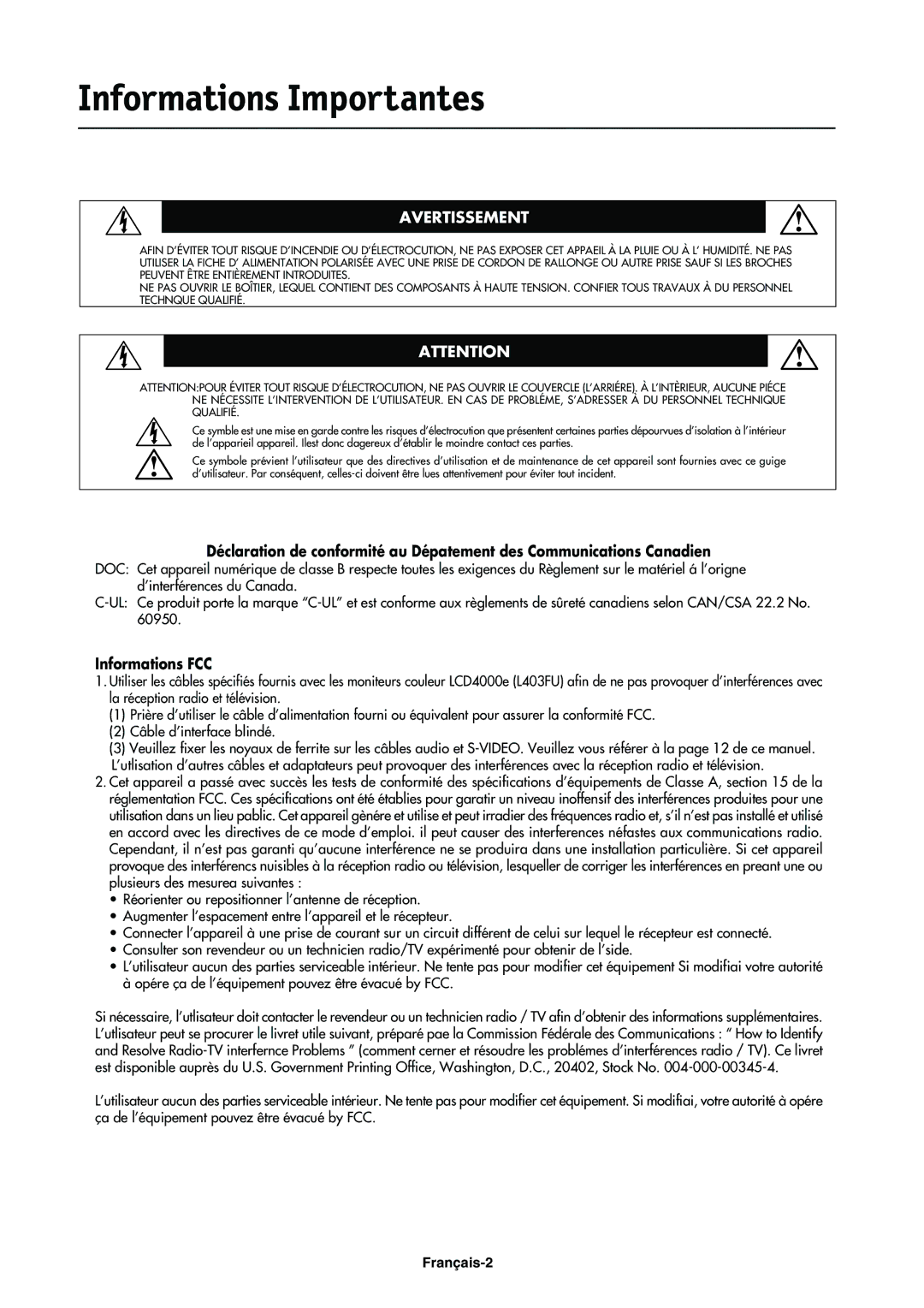 NEC LCD4000e manual Informations Importantes, Avertissement 