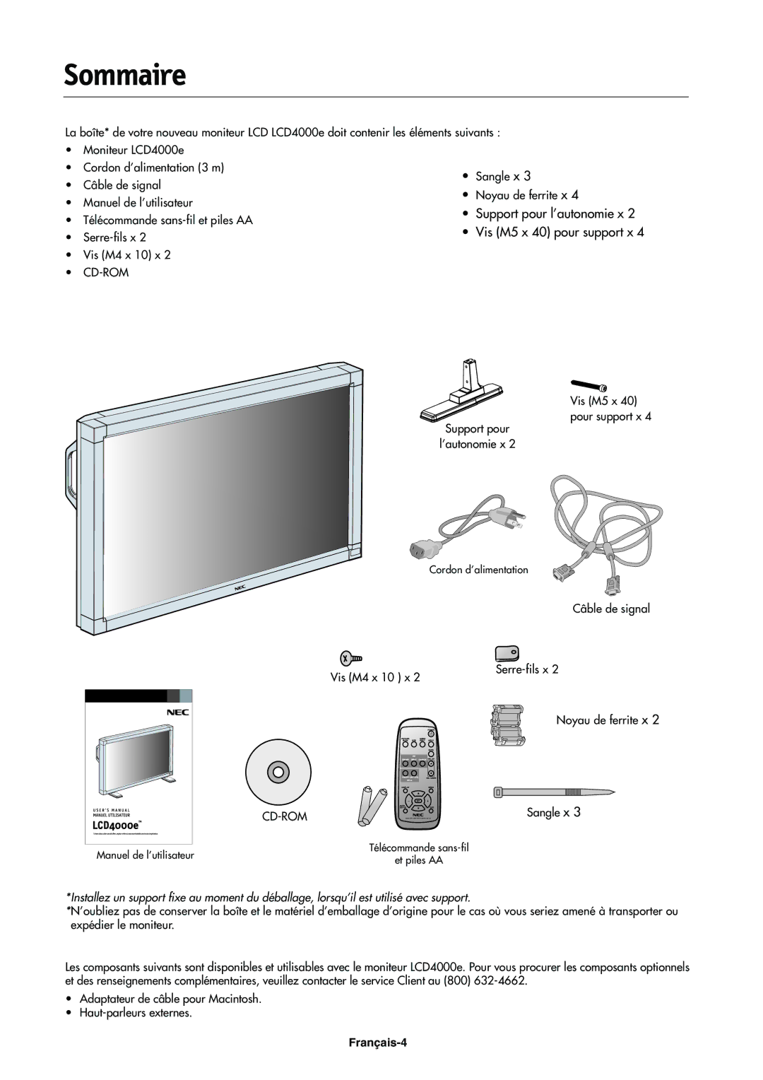 NEC LCD4000e manual Sommaire, Support pour l’autonomie x Vis M5 x 40 pour support x 