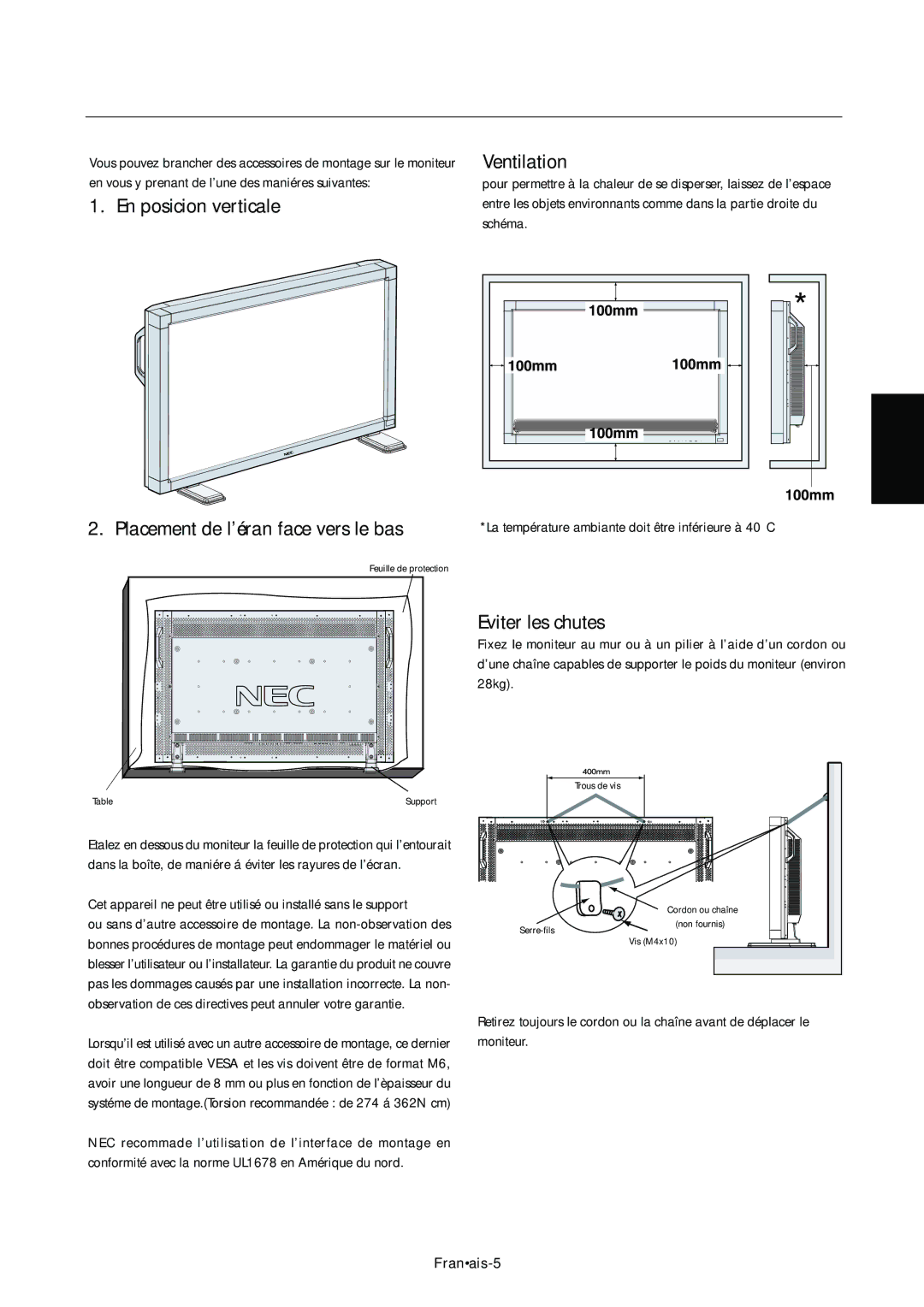 NEC LCD4000e Comment monter et brancher des accessoires au moniteur, En posicion verticale Ventilation, Eviter les chutes 