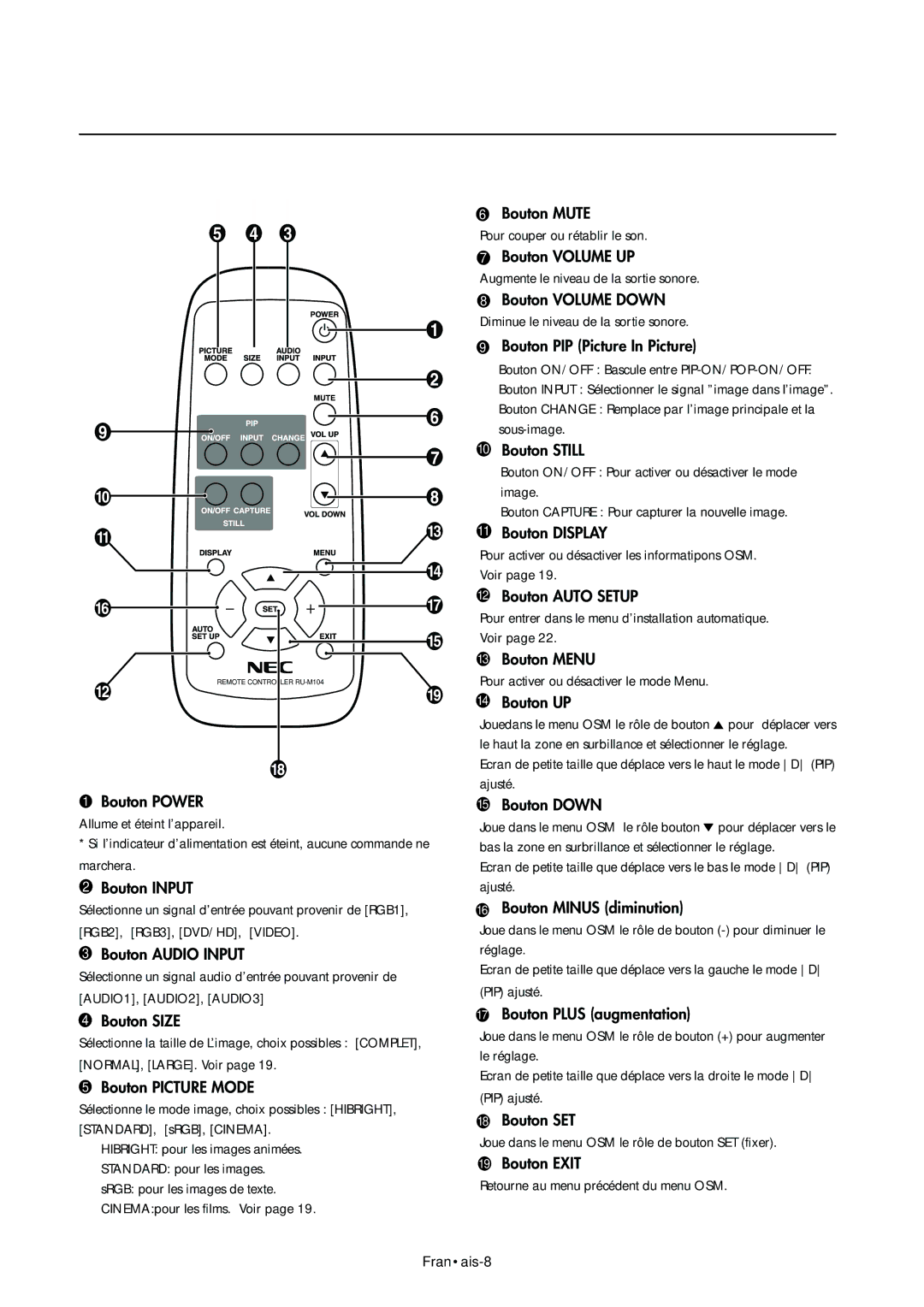 NEC LCD4000e manual Télécommande sans-fil, Bouton Power 