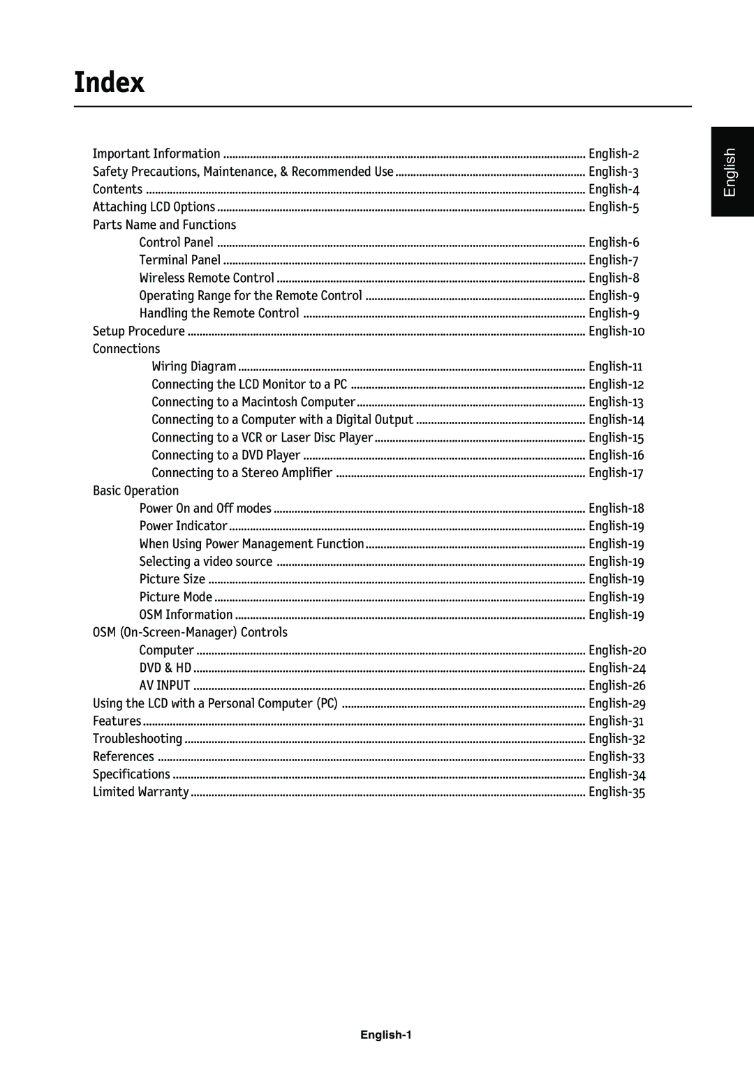 NEC LCD4000e manual Index 