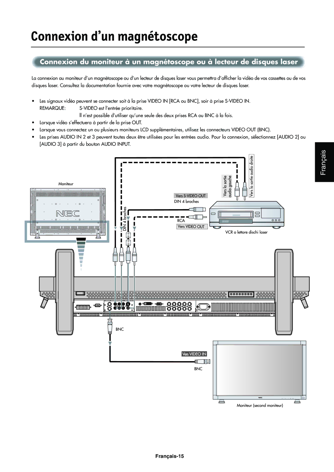 NEC LCD4000e manual Connexion d’un magnétoscope, Remarque 