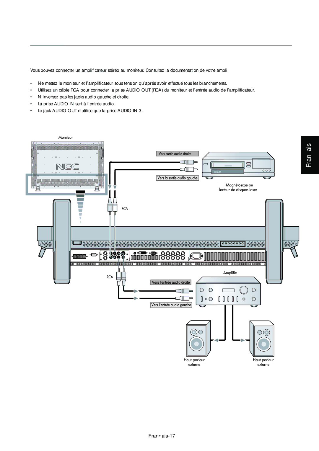 NEC LCD4000e manual Connexion d’un amplificateur stéréo, Connexion du moniteur à un amplificateur stéréo 