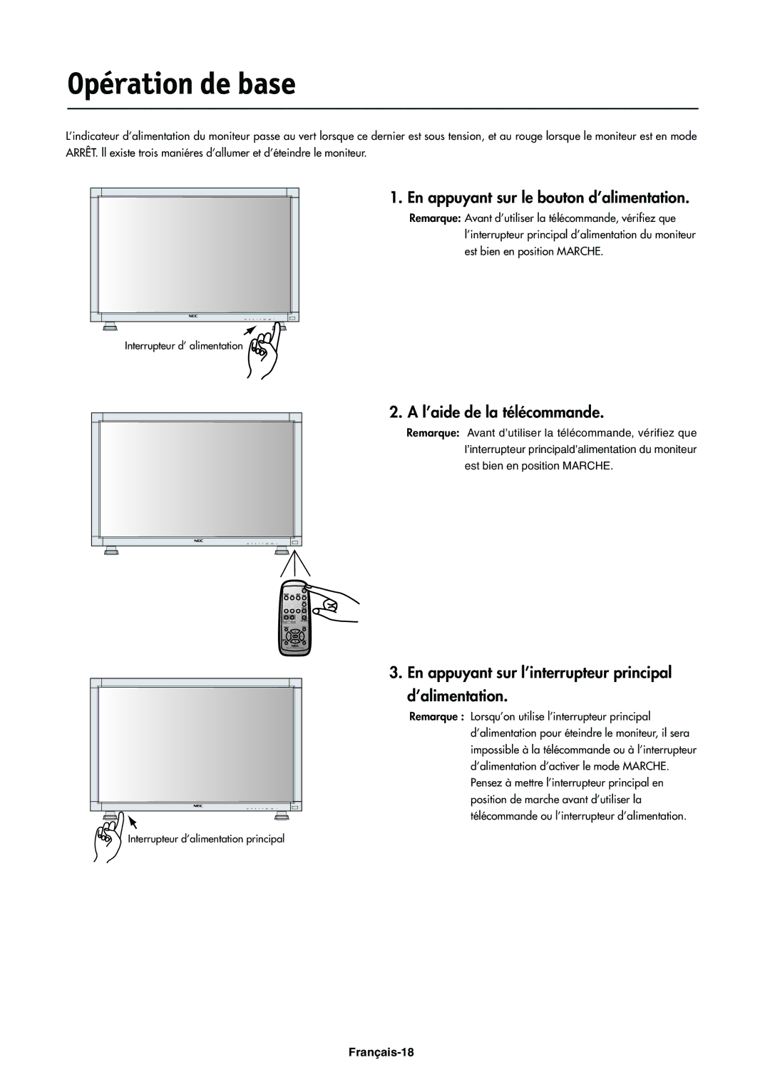 NEC LCD4000e manual Opération de base, En appuyant sur le bouton d’alimentation, L’aide de la télécommande 