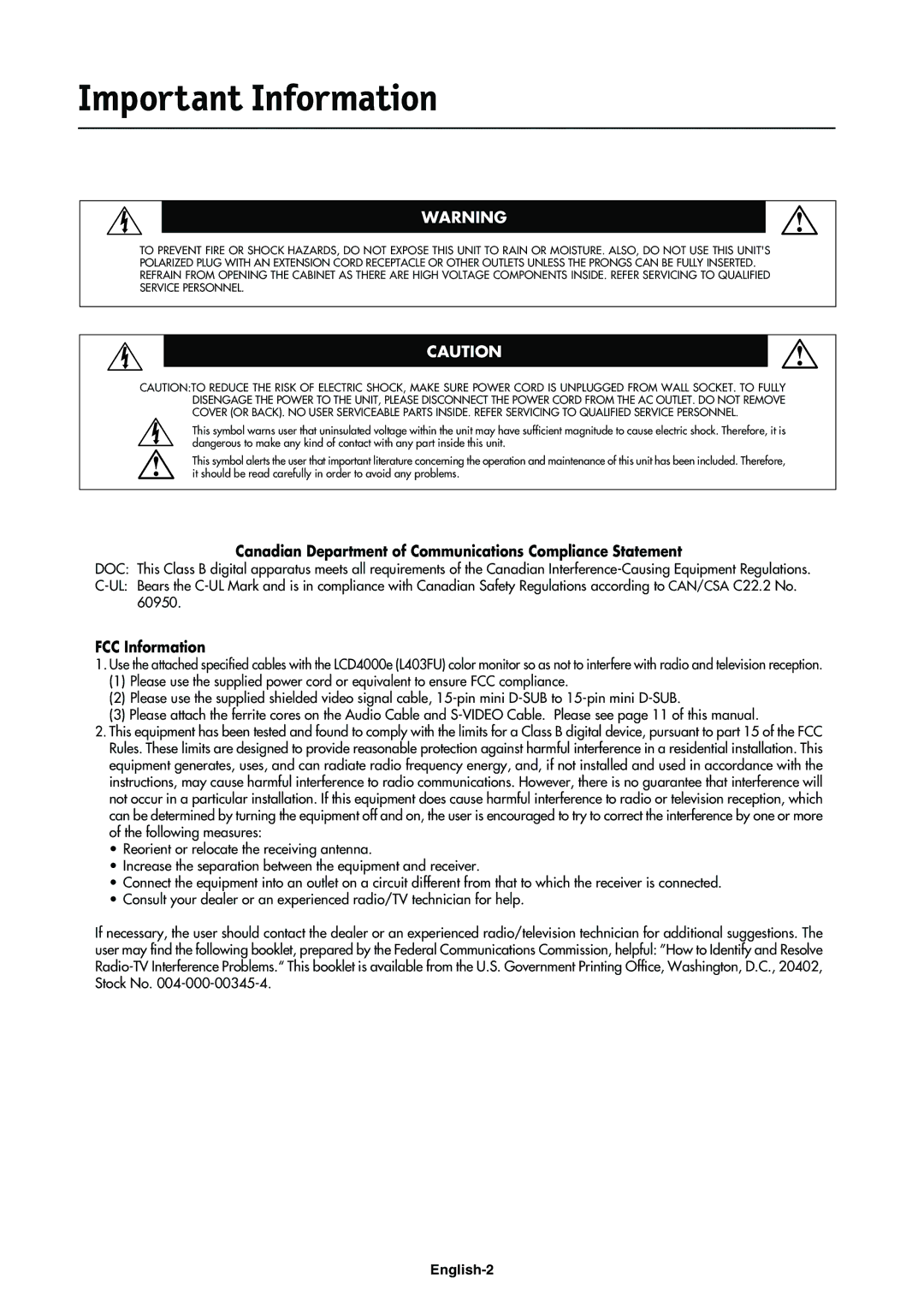 NEC LCD4000e manual Important Information, Canadian Department of Communications Compliance Statement 