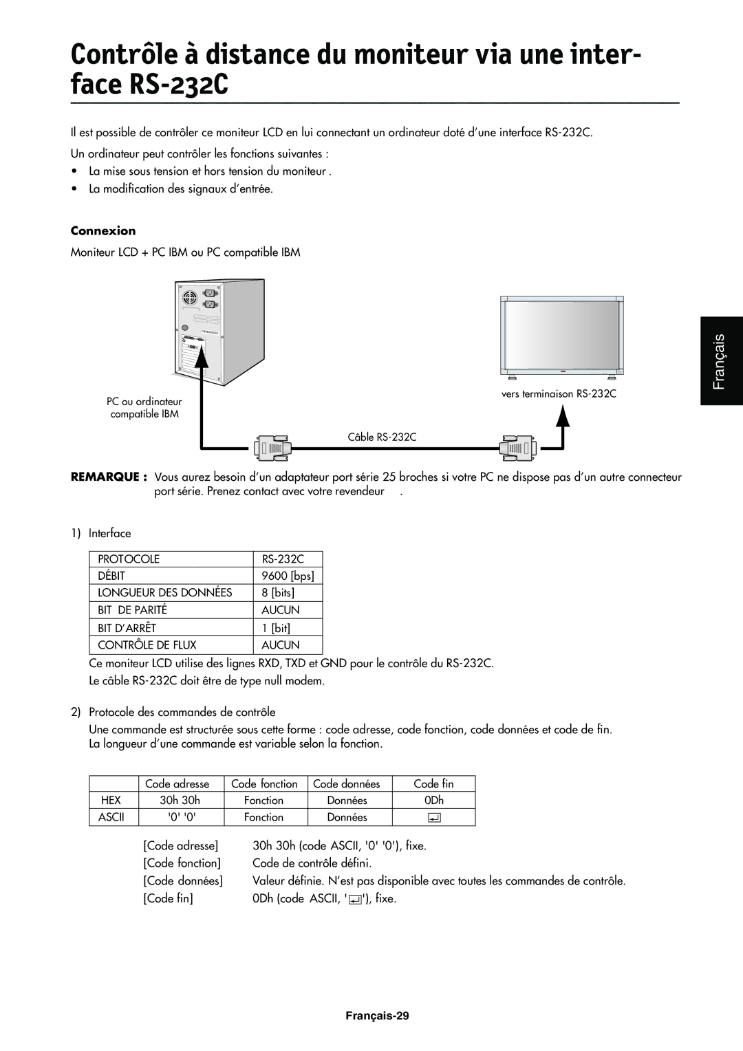 NEC LCD4000e manual Contrôle à distance du moniteur via une inter- face RS-232C, Connexion 