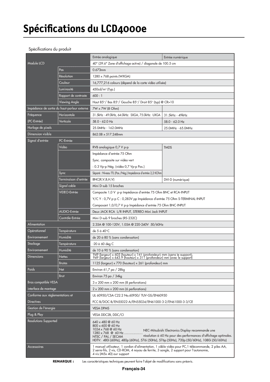 NEC manual Spécifications du LCD4000e, Spécifications du produit 