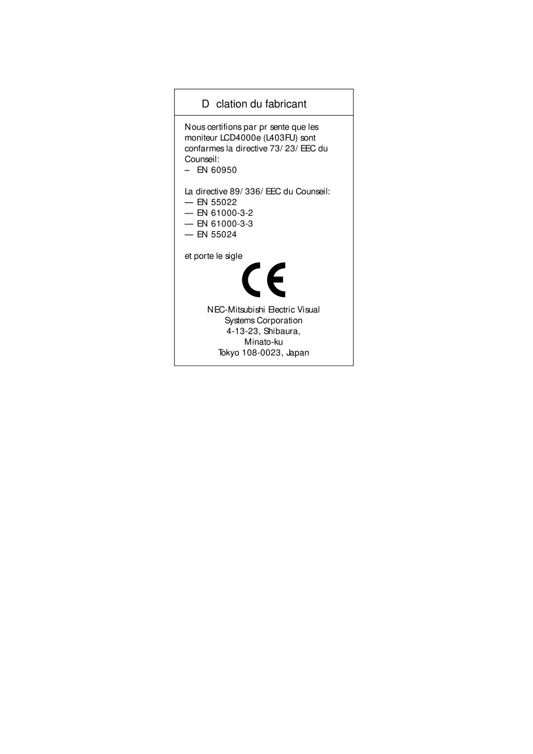 NEC LCD4000e manual Déclation du fabricant 