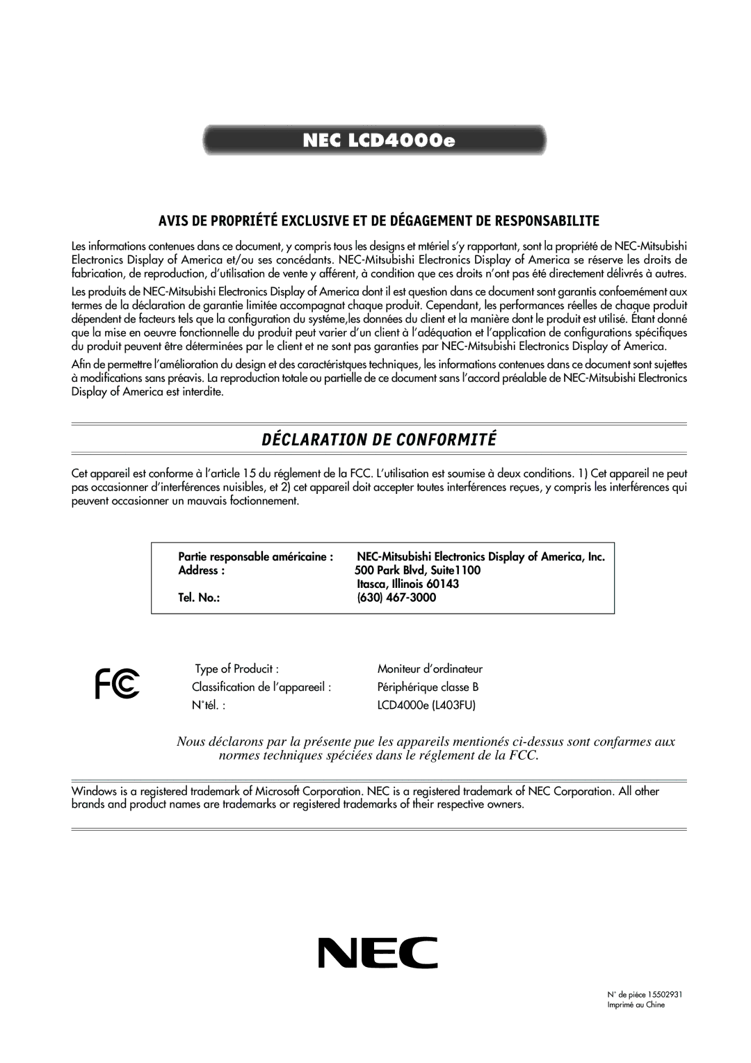 NEC LCD4000e manual Déclaration DE Conformité 