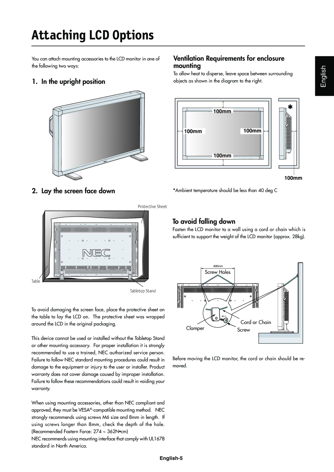 NEC LCD4000e manual Attaching LCD Options, Ventilation Requirements for enclosure, Mounting, Upright position 