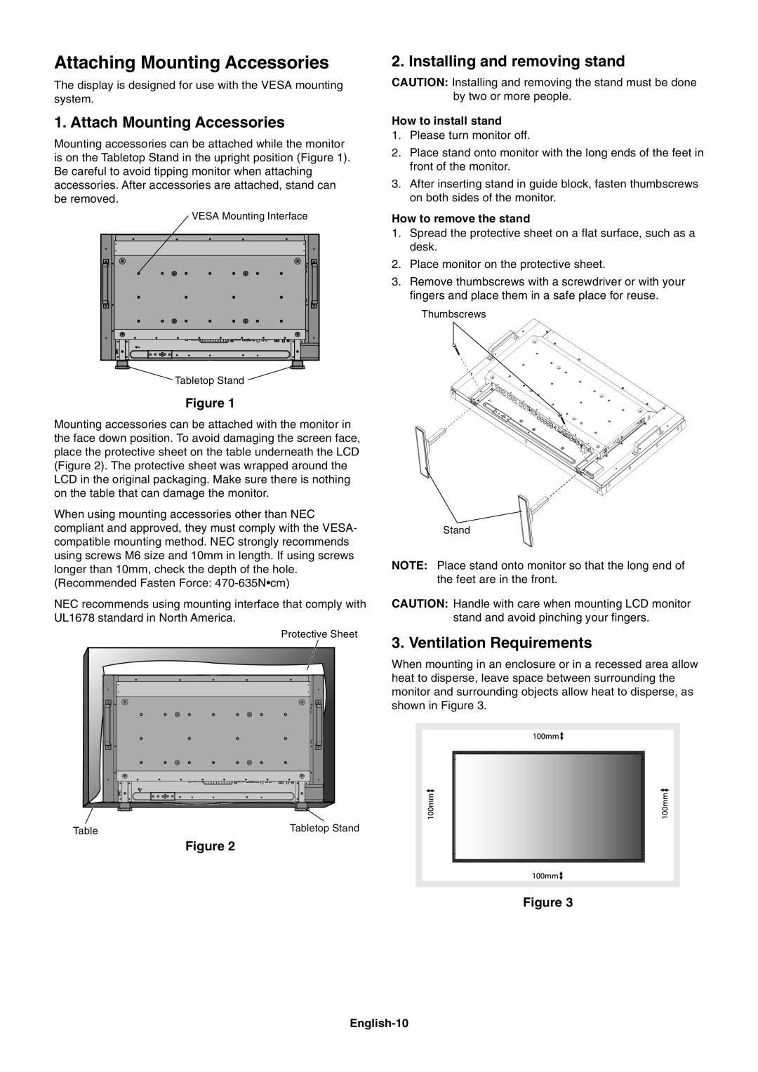 NEC LCD4020, LCD4620 Attaching Mounting Accessories, Attach Mounting Accessories, Installing and removing stand, Figure 