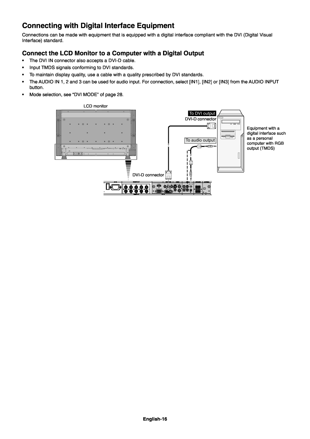 NEC LCD4020, LCD4620 user manual Connecting with Digital Interface Equipment, English-16 