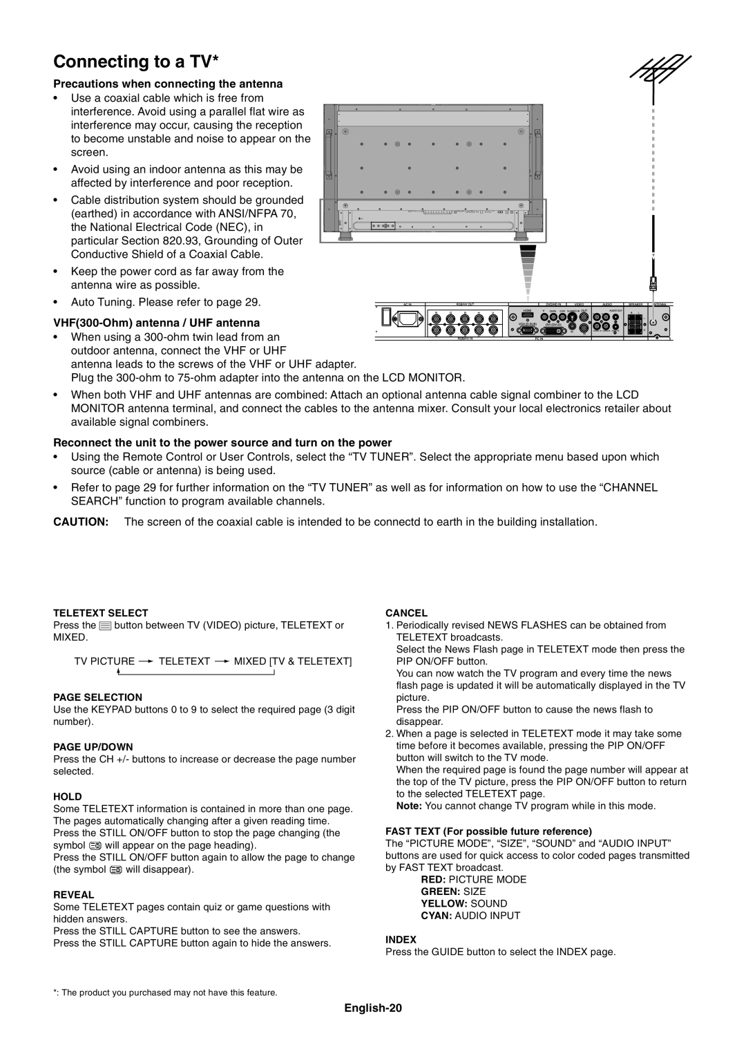 NEC LCD4020, LCD4620 user manual Connecting to a TV, Precautions when connecting the antenna, English-20 