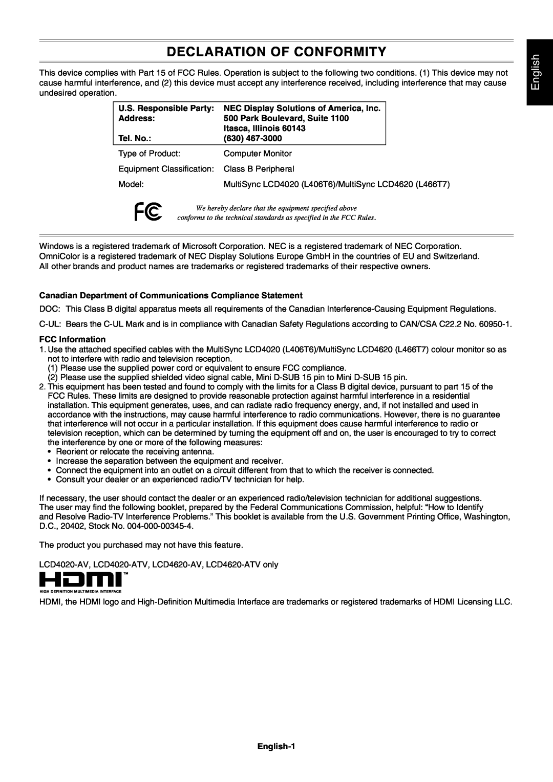 NEC LCD4020, LCD4620 user manual Declaration Of Conformity, English 