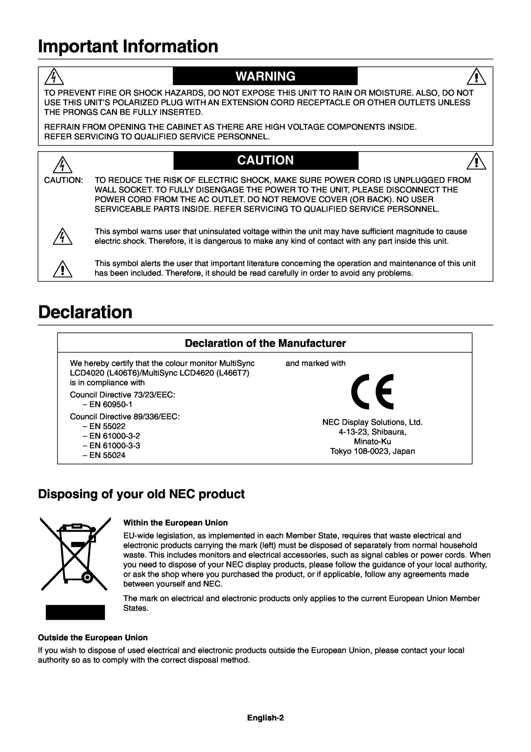 NEC LCD4020, LCD4620 user manual Important Information, Declaration, Disposing of your old NEC product 