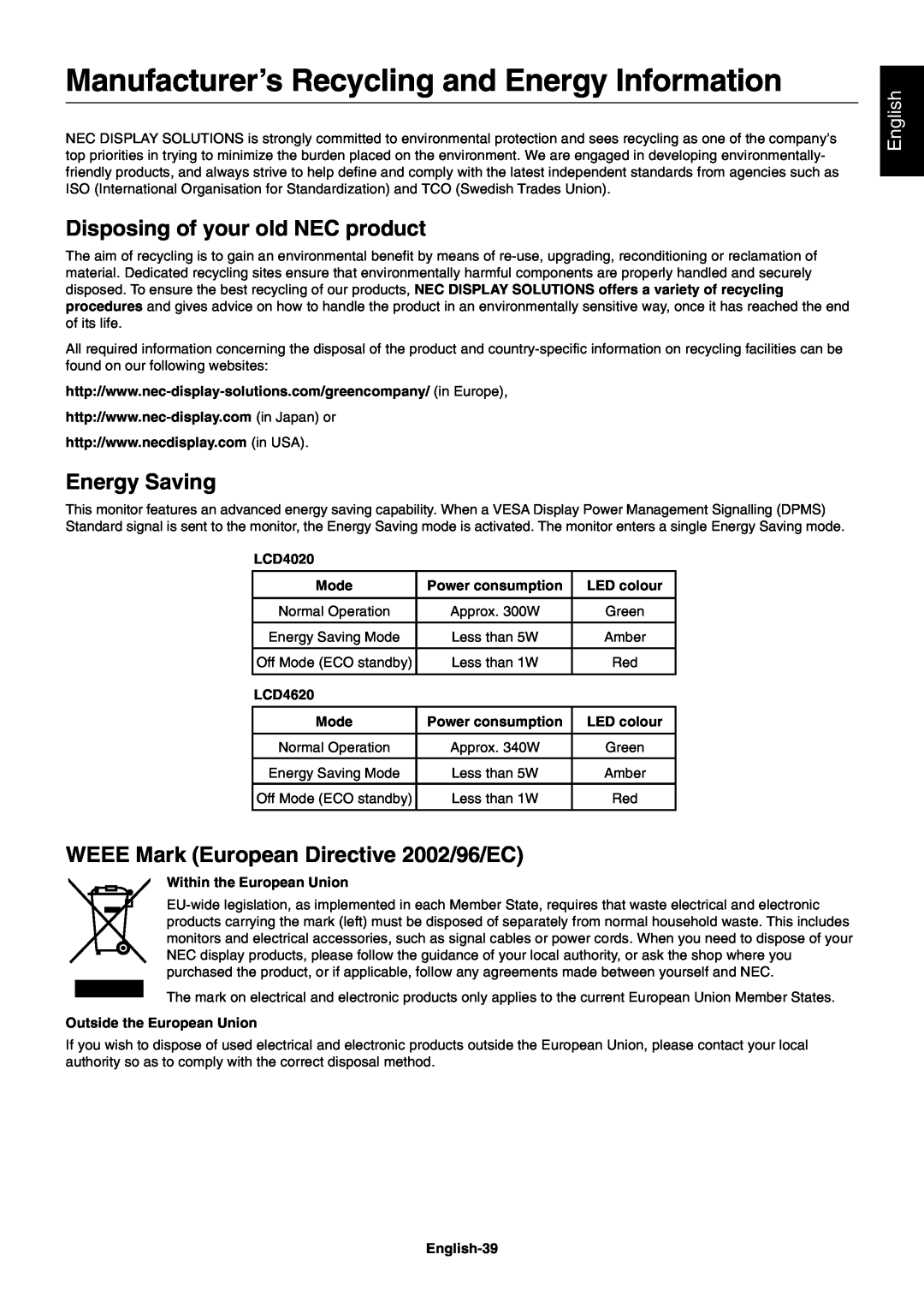 NEC LCD4620 Manufacturer’s Recycling and Energy Information, Energy Saving, WEEE Mark European Directive 2002/96/EC 