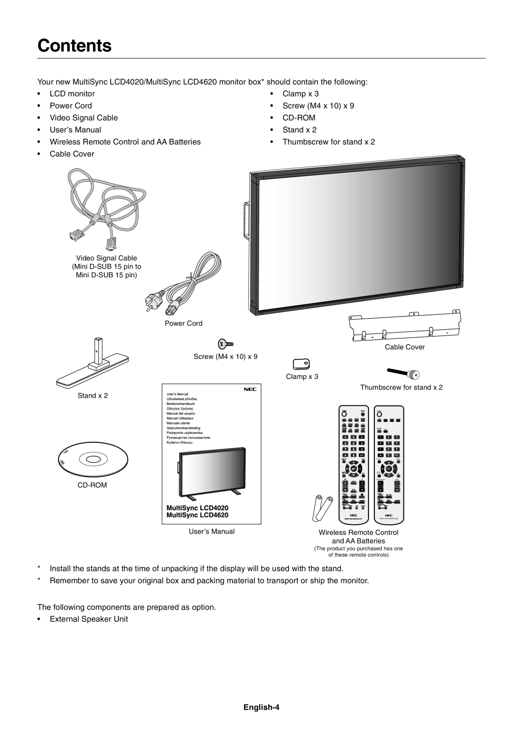 NEC LCD4020, LCD4620 user manual Contents, English-4 