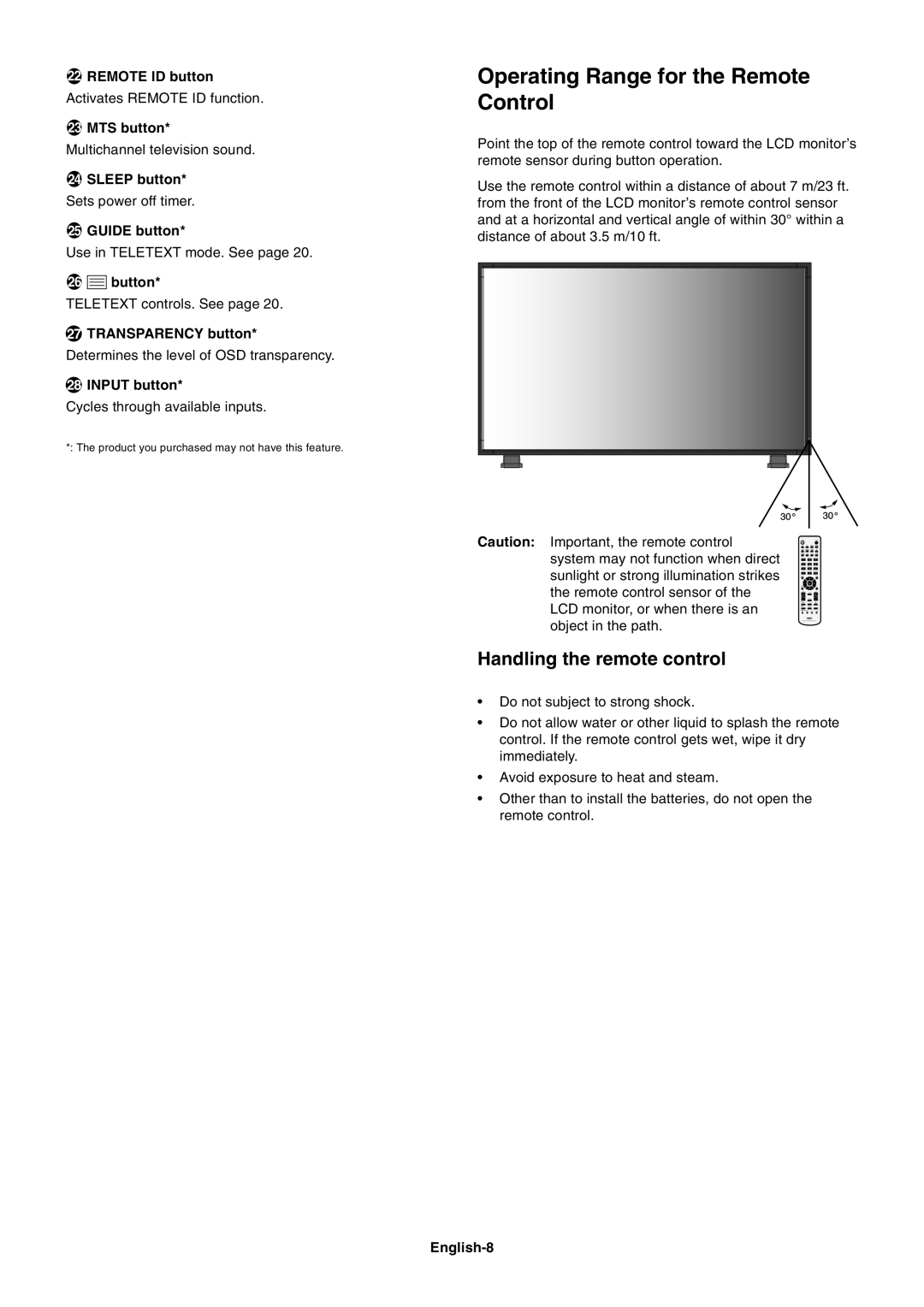 NEC LCD4020, LCD4620 user manual Operating Range for the Remote Control, Handling the remote control 