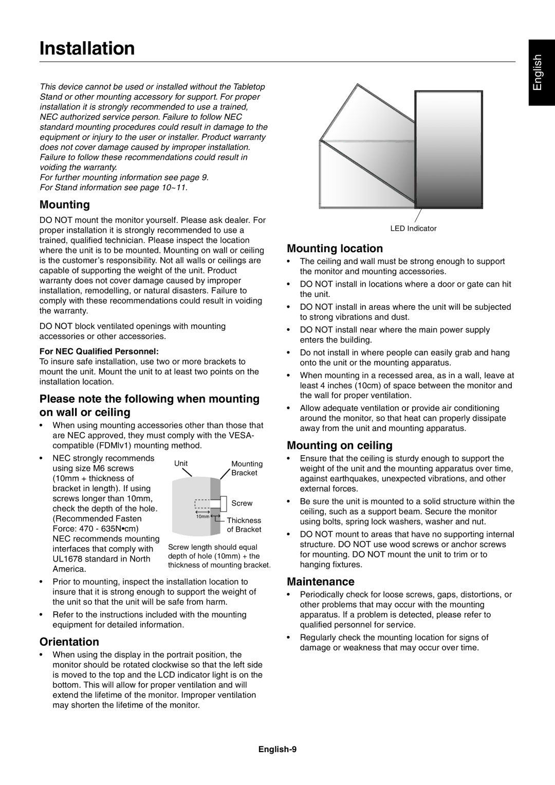 NEC LCD4020, LCD4620 user manual Installation 