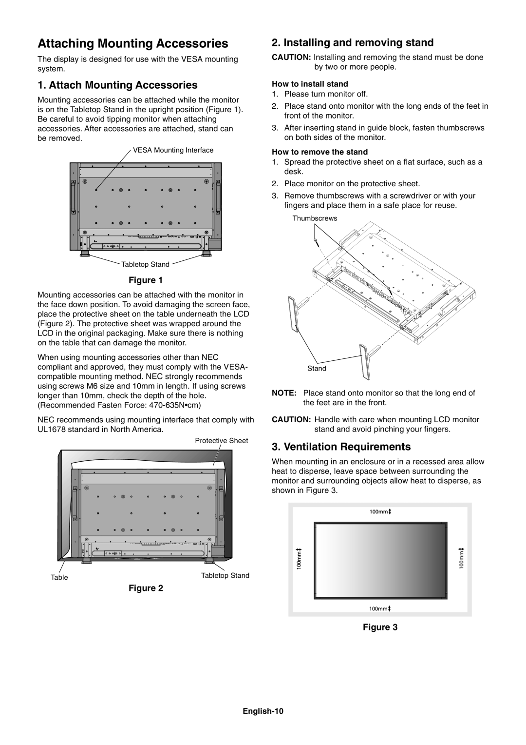 NEC LCD4020, LCD4620 user manual Attaching Mounting Accessories, Attach Mounting Accessories, Installing and removing stand 