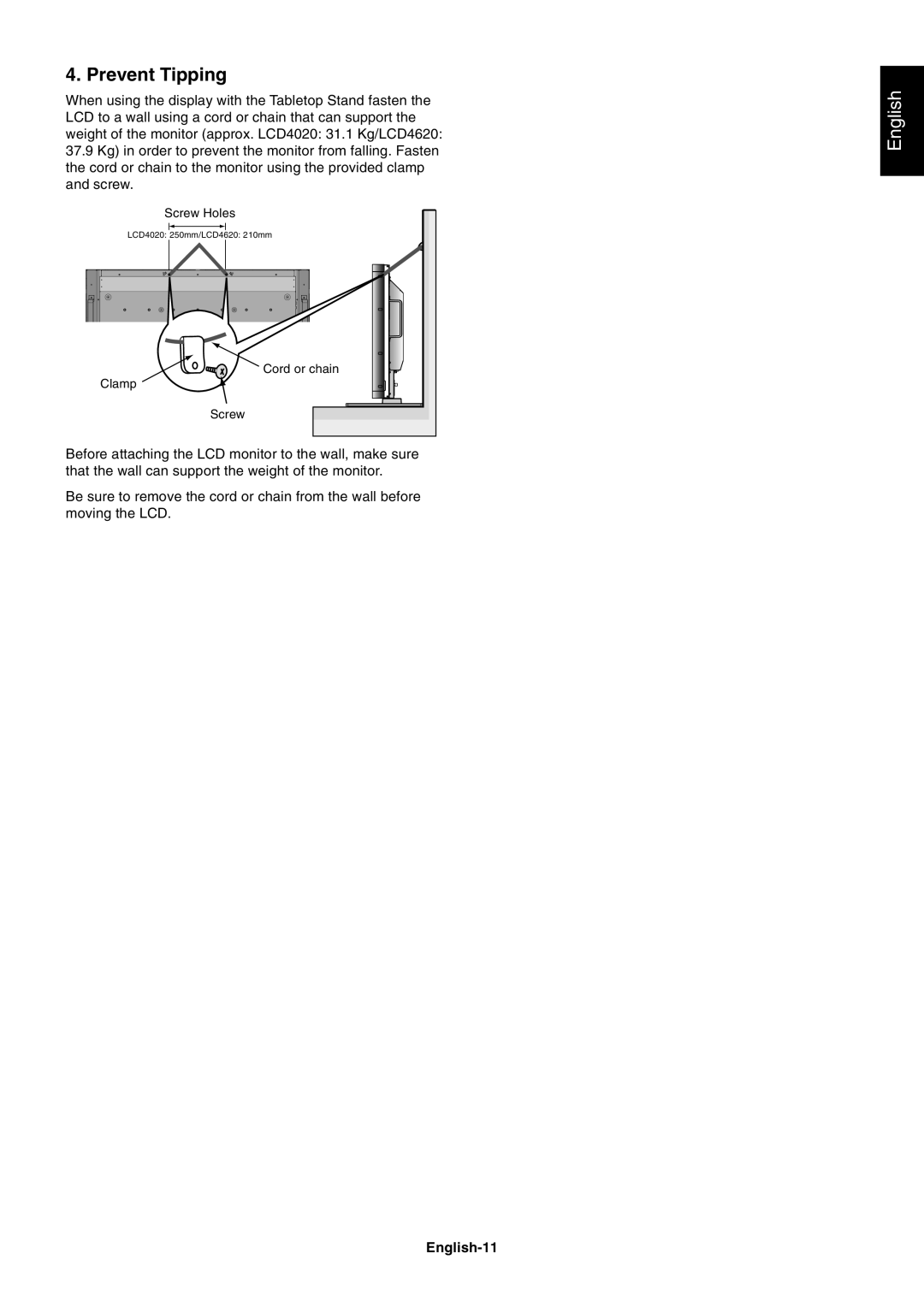 NEC LCD4020, LCD4620 user manual Prevent Tipping, English-11 