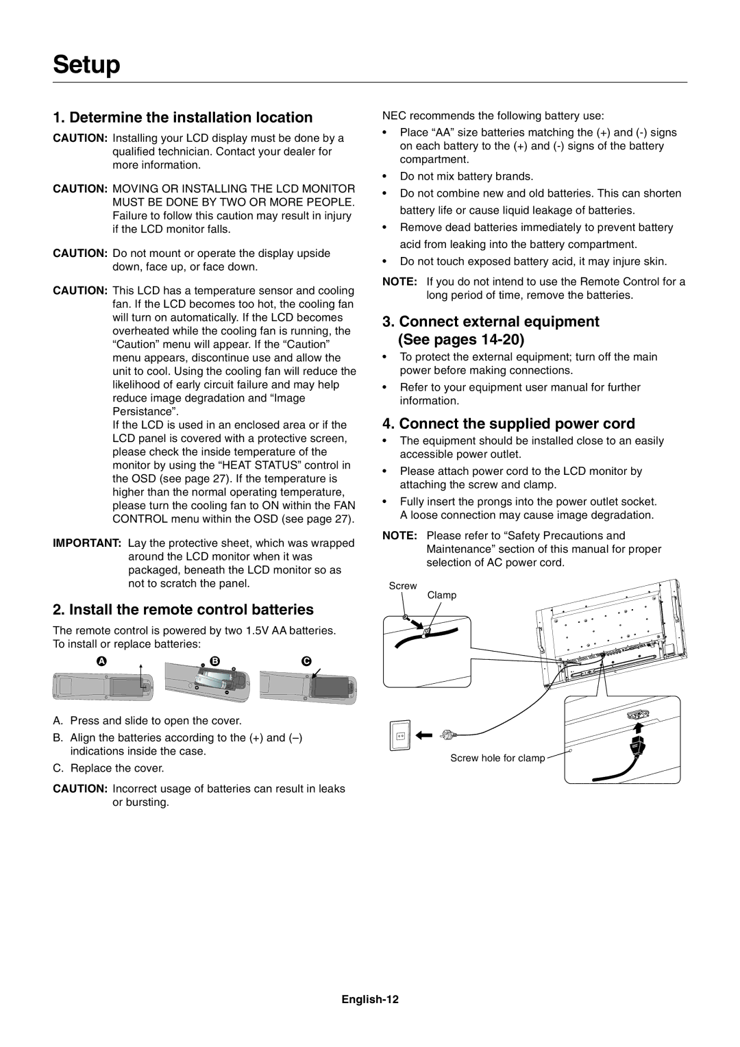 NEC LCD4020, LCD4620 user manual Setup, Determine the installation location, Install the remote control batteries 