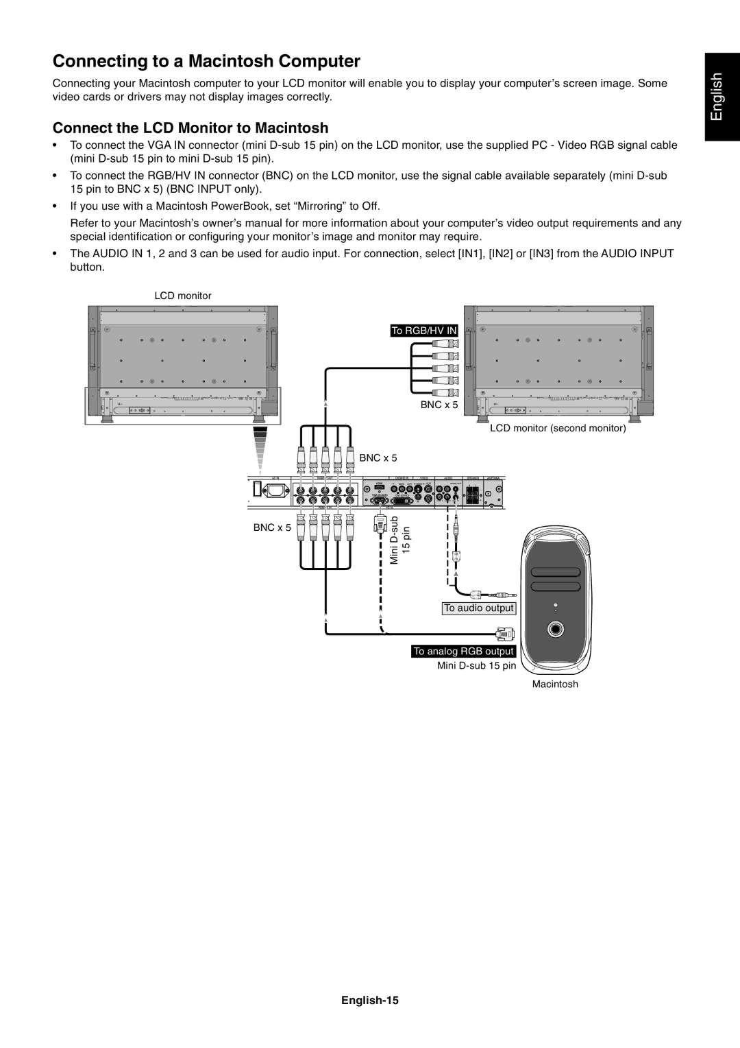 NEC LCD4020, LCD4620 user manual Connecting to a Macintosh Computer, Connect the LCD Monitor to Macintosh, English-15 