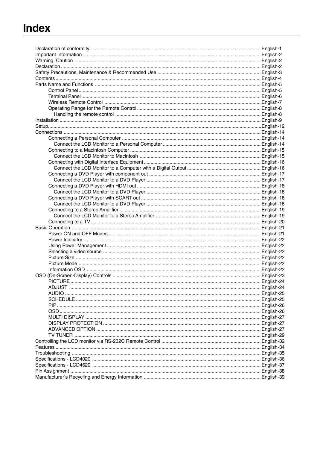 NEC LCD4020, LCD4620 user manual Index, TV Tuner 