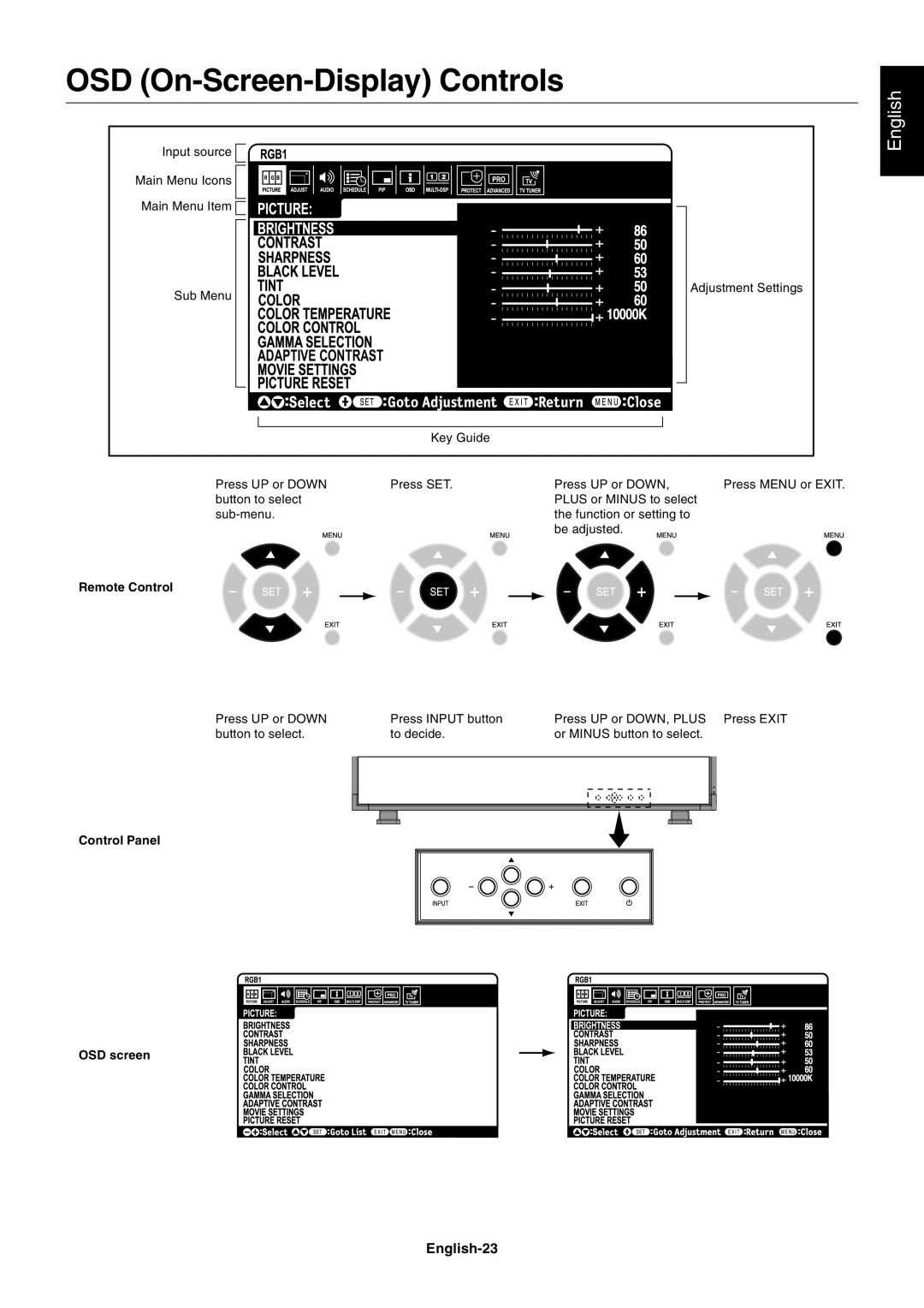 NEC LCD4020, LCD4620 user manual OSD On-Screen-Display Controls, English-23 