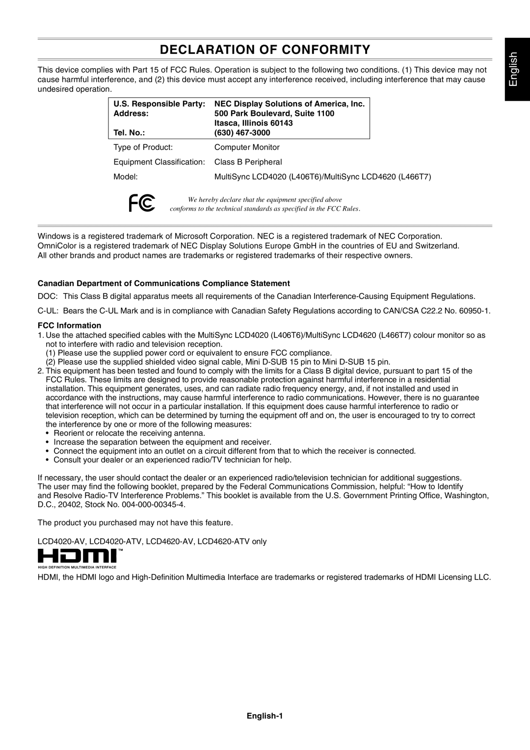 NEC LCD4020, LCD4620 user manual Canadian Department of Communications Compliance Statement, FCC Information, English-1 