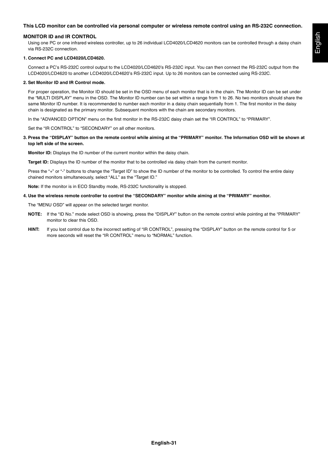 NEC LCD4020, LCD4620 user manual English-31, Connect PC and LCD4020/LCD4620 