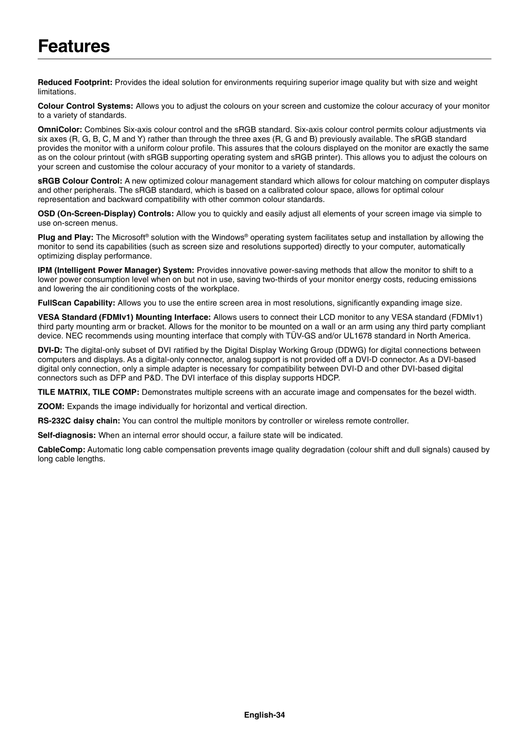 NEC LCD4020, LCD4620 user manual Features, English-34 