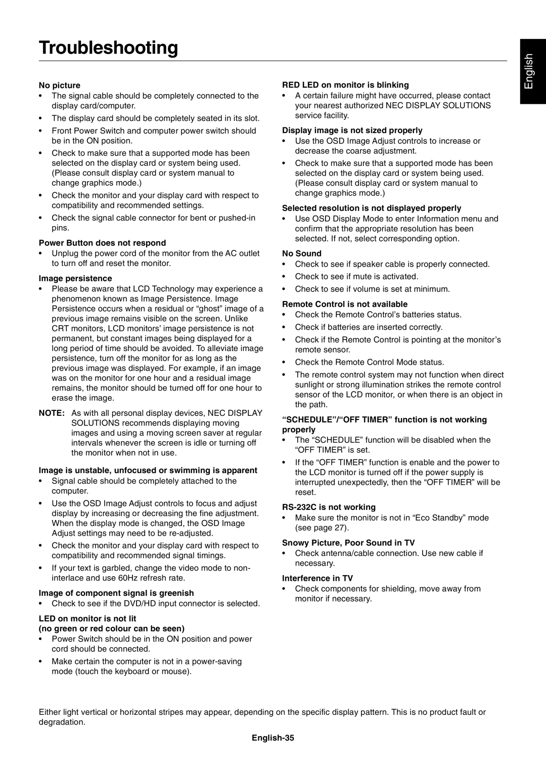 NEC LCD4020, LCD4620 user manual Troubleshooting 