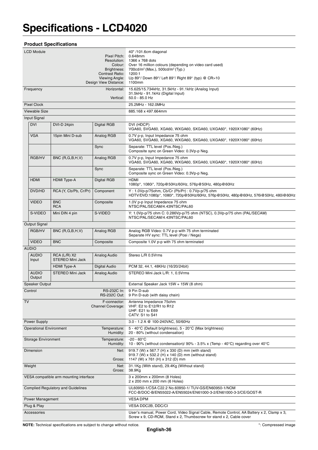 NEC LCD4020, LCD4620 user manual Specifications LCD4020, Product Specifications, English-36 