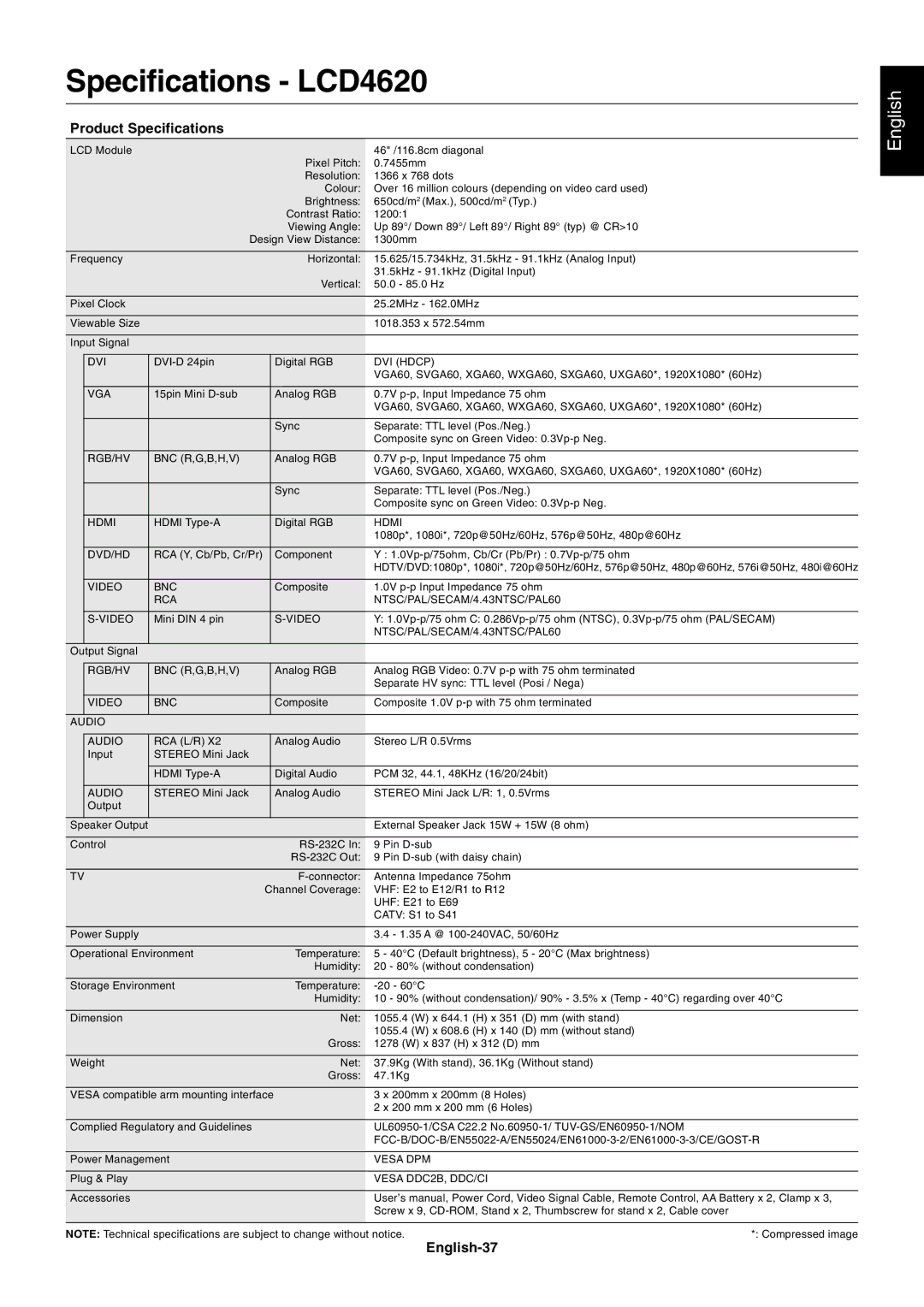 NEC LCD4020, LCD4620 user manual Specifications LCD4620, English-37 