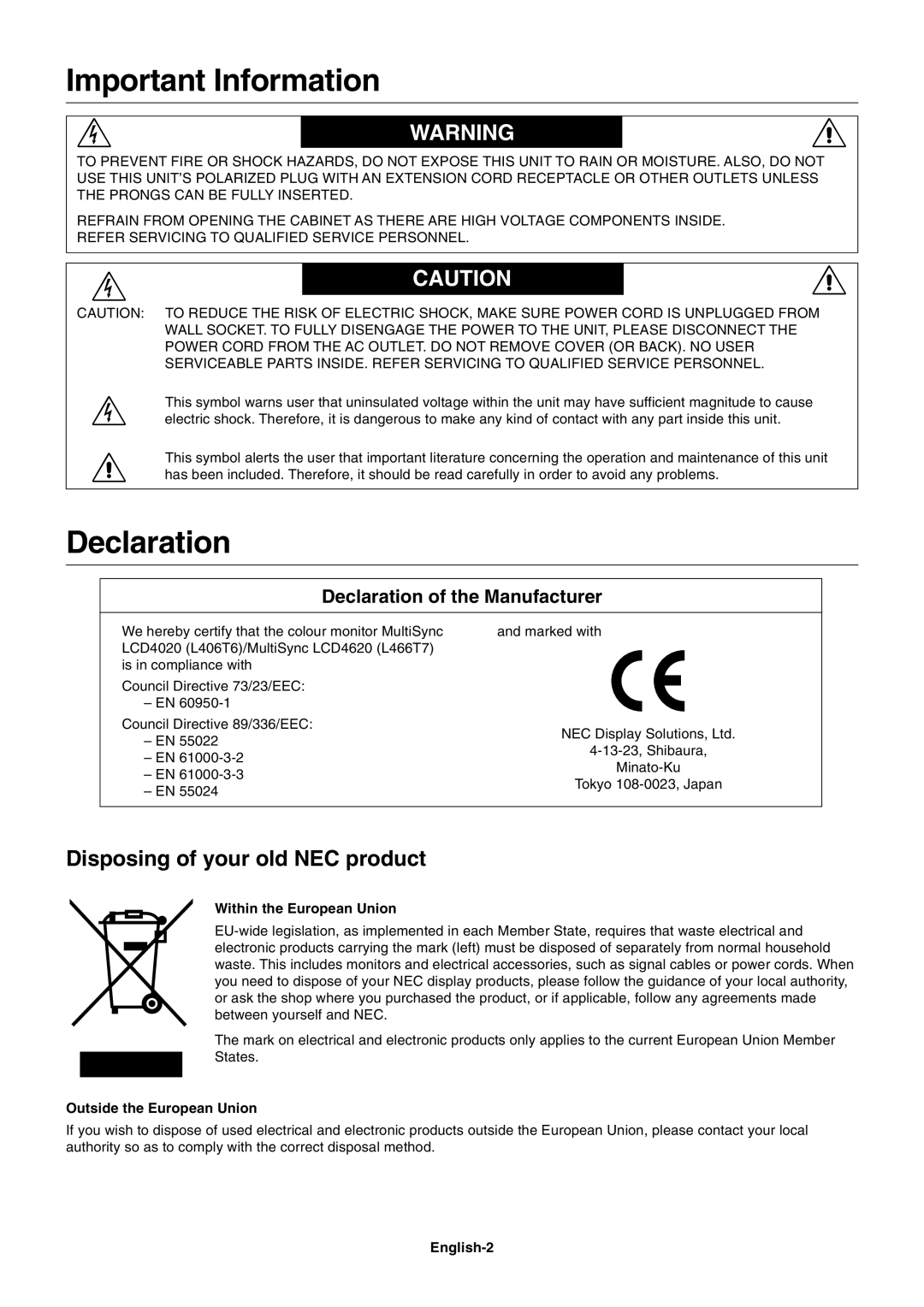 NEC LCD4020, LCD4620 user manual Important Information, Declaration, Disposing of your old NEC product 