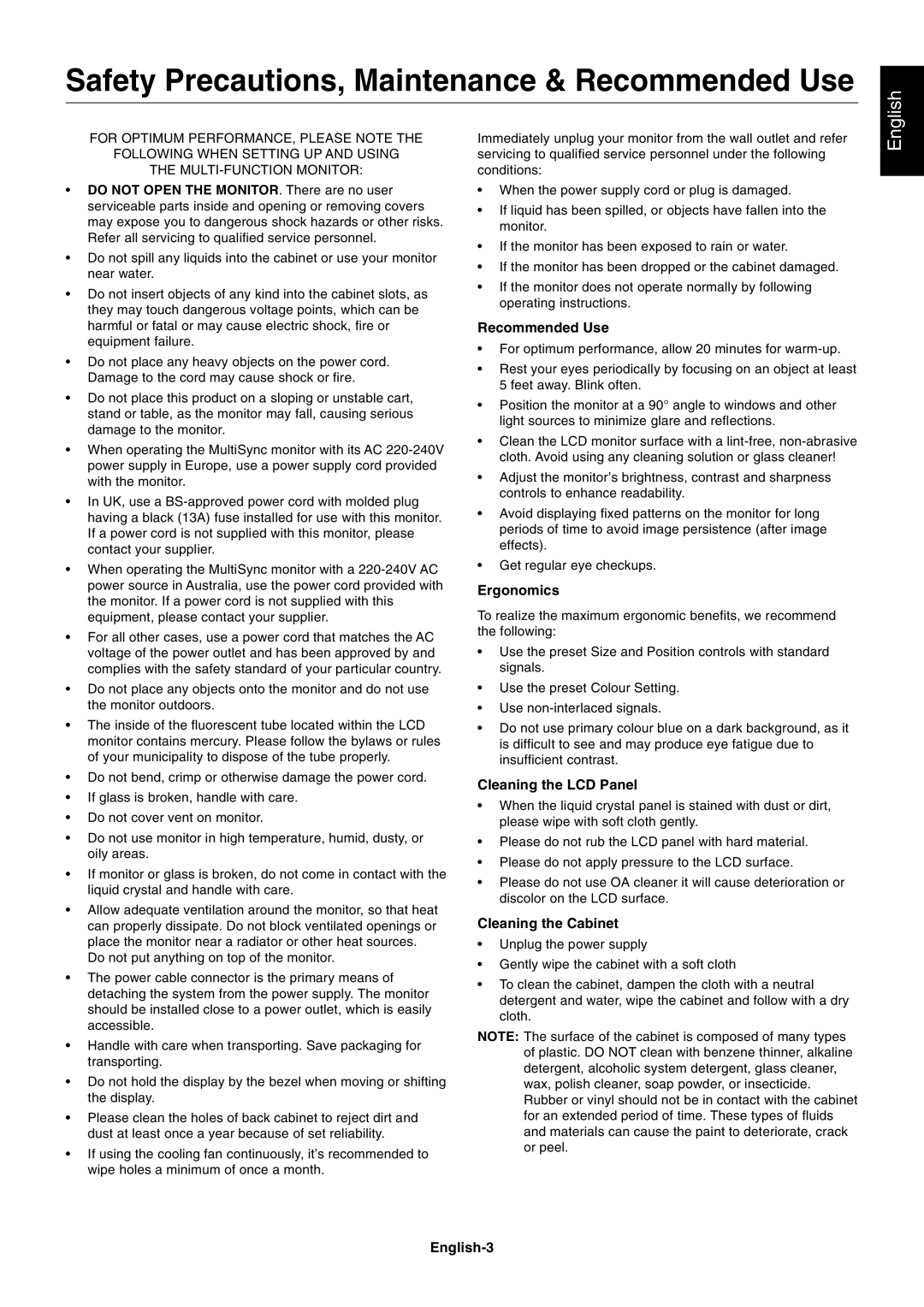 NEC LCD4020, LCD4620 user manual Safety Precautions, Maintenance & Recommended Use 