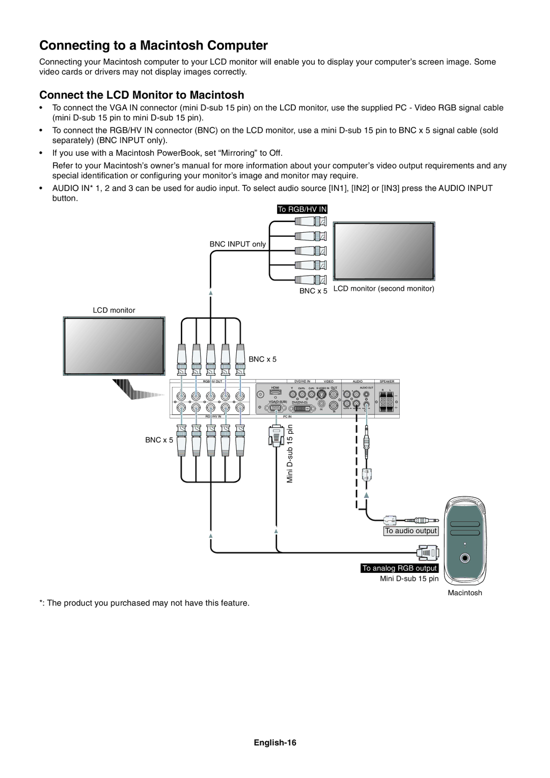 NEC LCD4020, LCD5220 user manual Connecting to a Macintosh Computer, Connect the LCD Monitor to Macintosh, English-16 