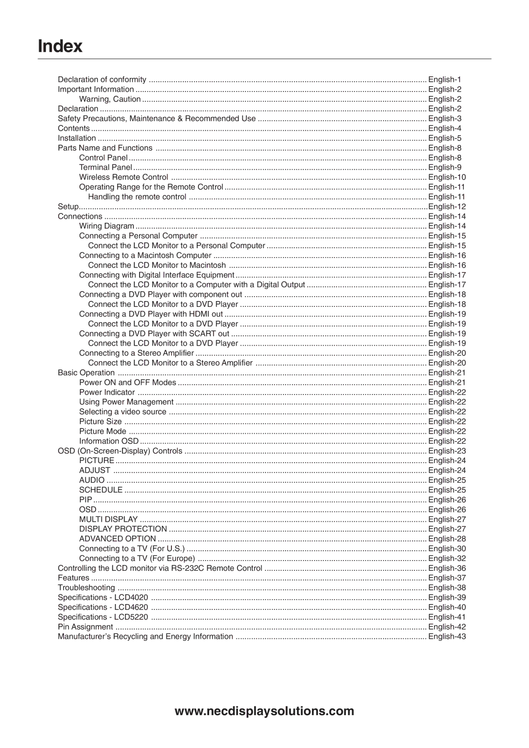 NEC LCD4020, LCD5220 user manual Index, Advanced Option 