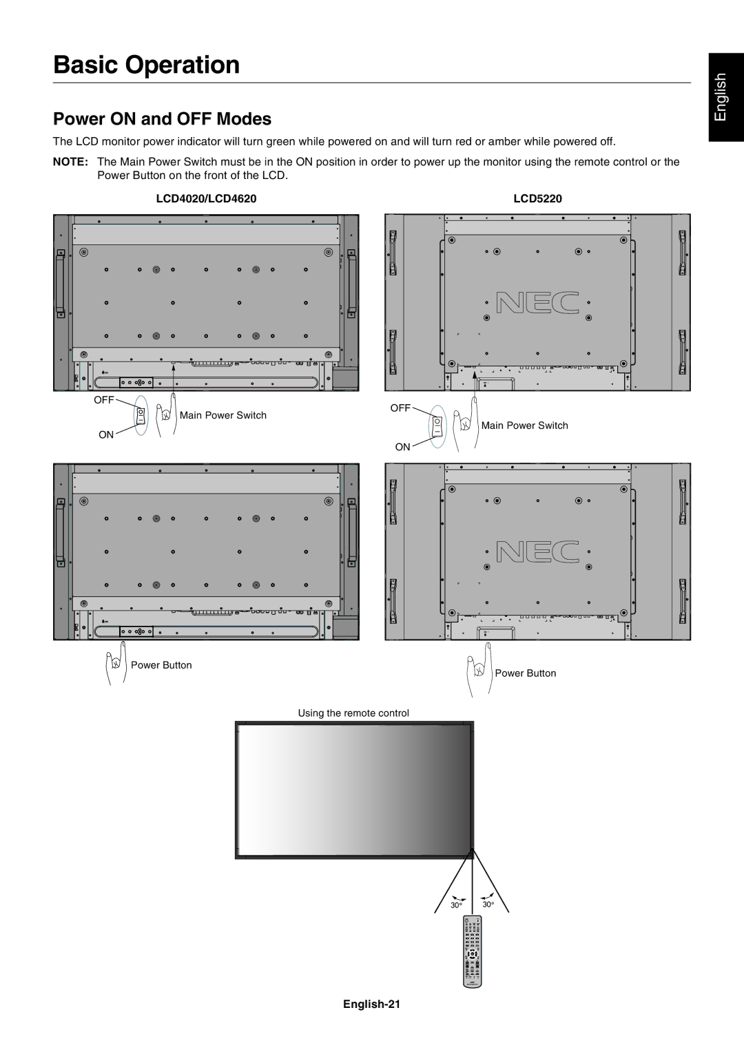 NEC user manual Basic Operation, Power on and OFF Modes, LCD4020/LCD4620 LCD5220, English-21, Off 