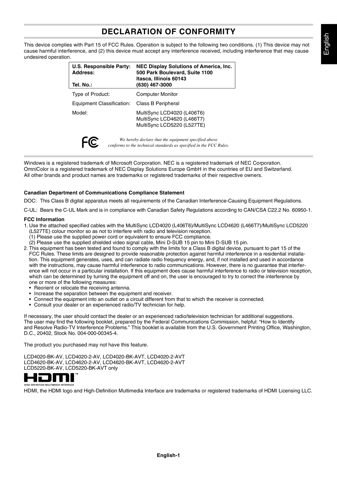 NEC LCD5220, LCD4020 user manual Canadian Department of Communications Compliance Statement, FCC Information, English-1 