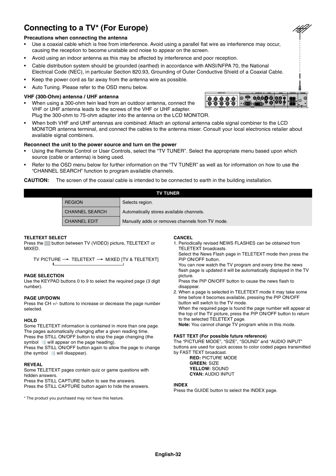 NEC LCD4020 Connecting to a TV* For Europe, Precautions when connecting the antenna, VHF 300-Ohm antenna / UHF antenna 