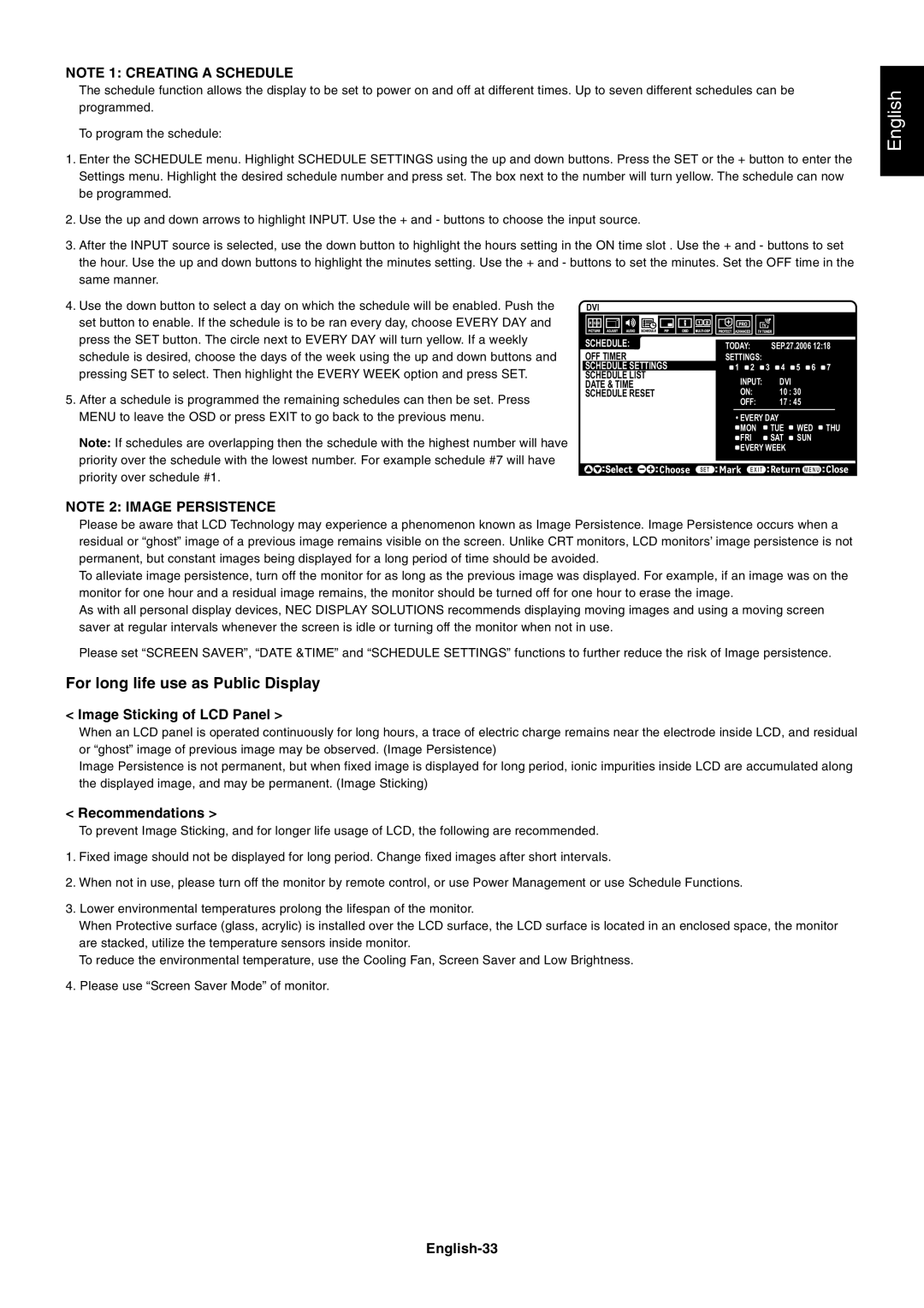 NEC LCD5220, LCD4020 user manual Image Sticking of LCD Panel, Recommendations, English-33 