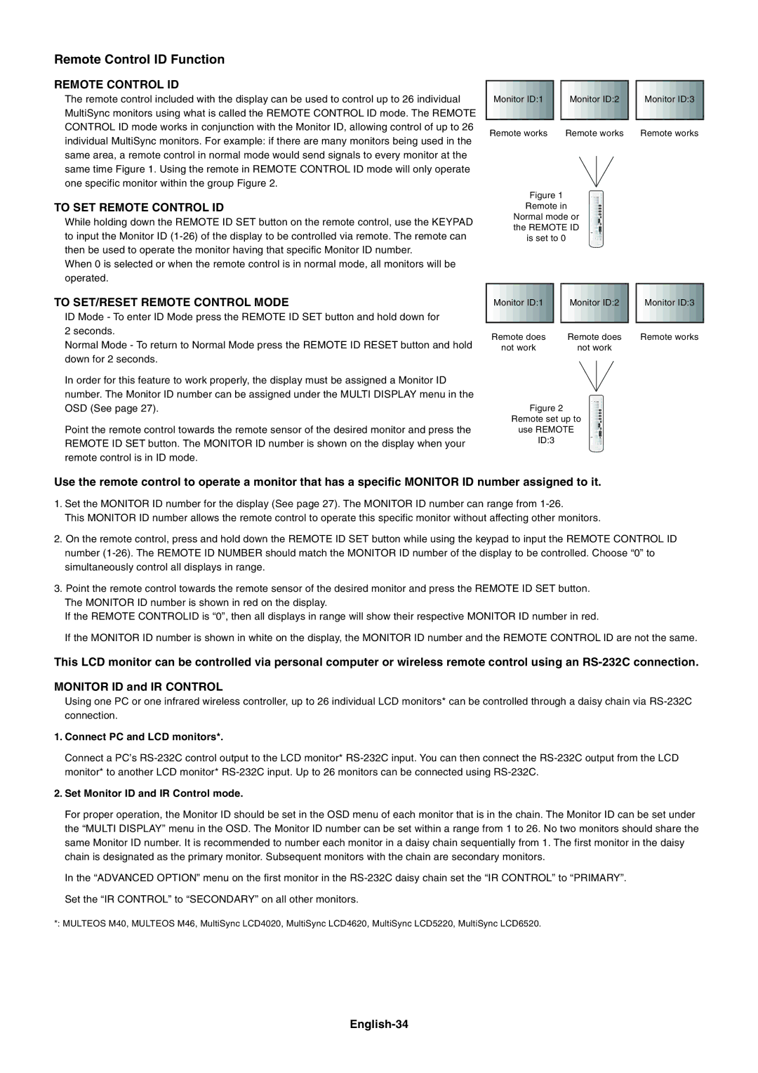 NEC LCD4020, LCD5220 user manual English-34, Connect PC and LCD monitors, Set Monitor ID and IR Control mode 