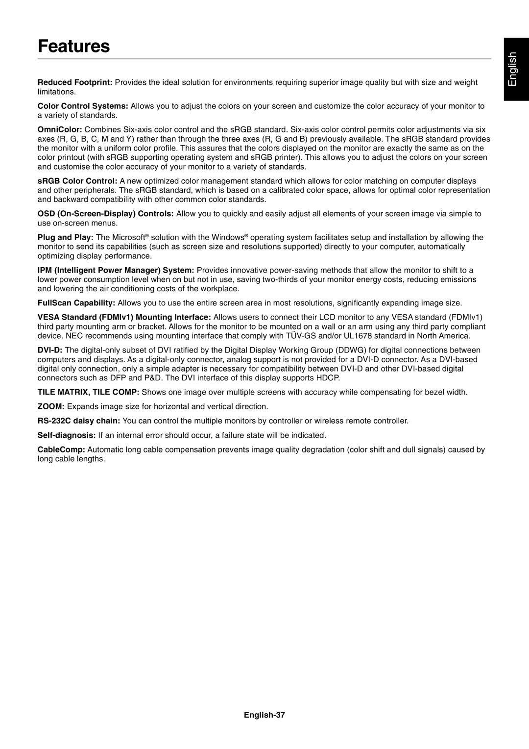 NEC LCD5220, LCD4020 user manual Features, English-37 